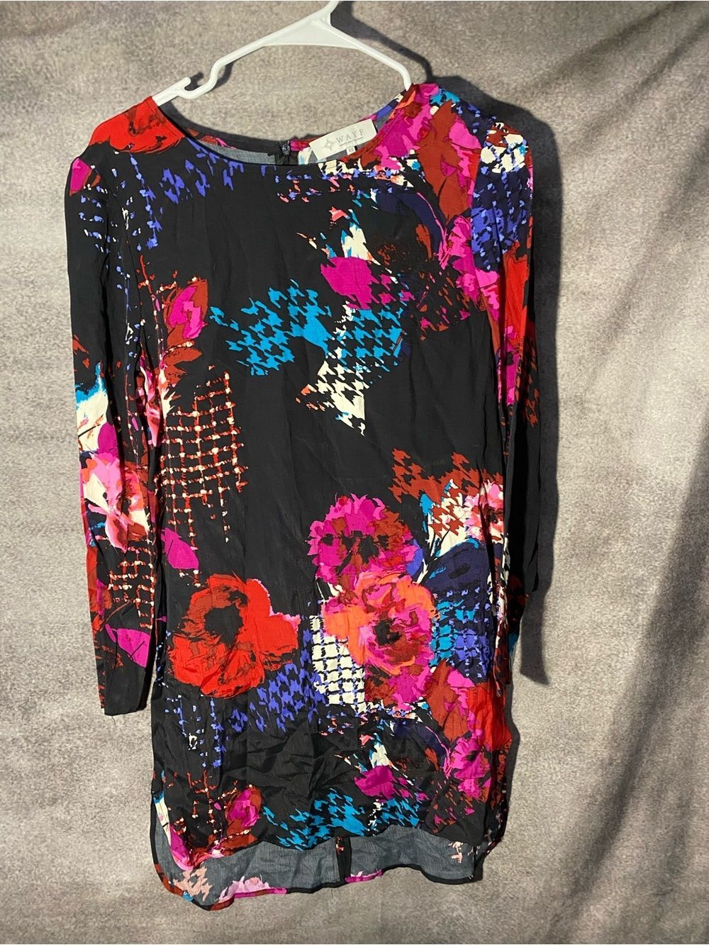 WAYF Black Multi Floral Houndstooth Long Sleeve Shift Mini Dress Size XS Silk